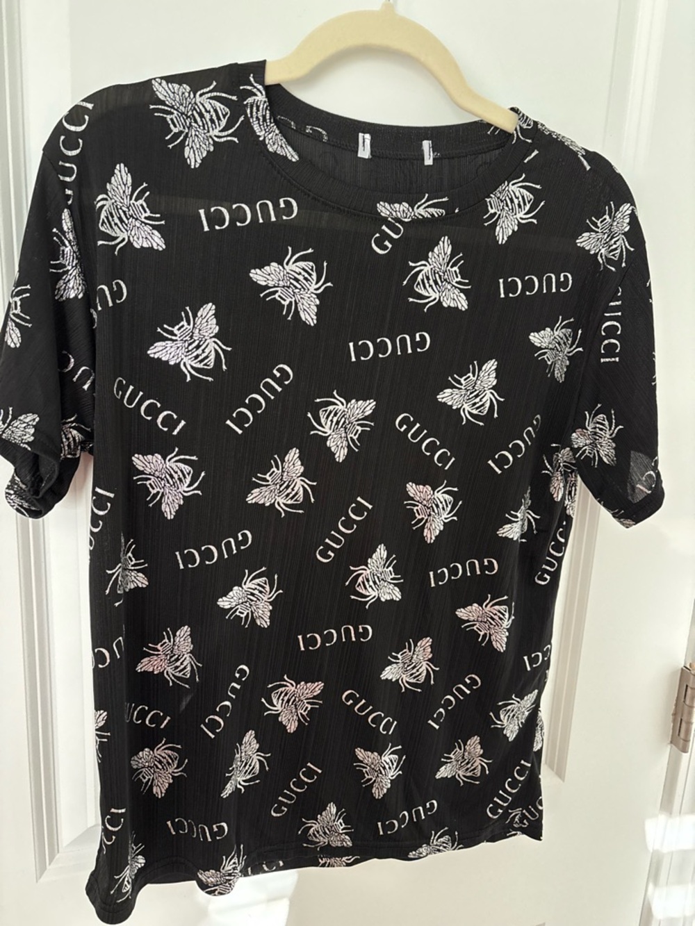 Black Sheer Silver Bumblebee Crew Neck Short Sleeve Blouse